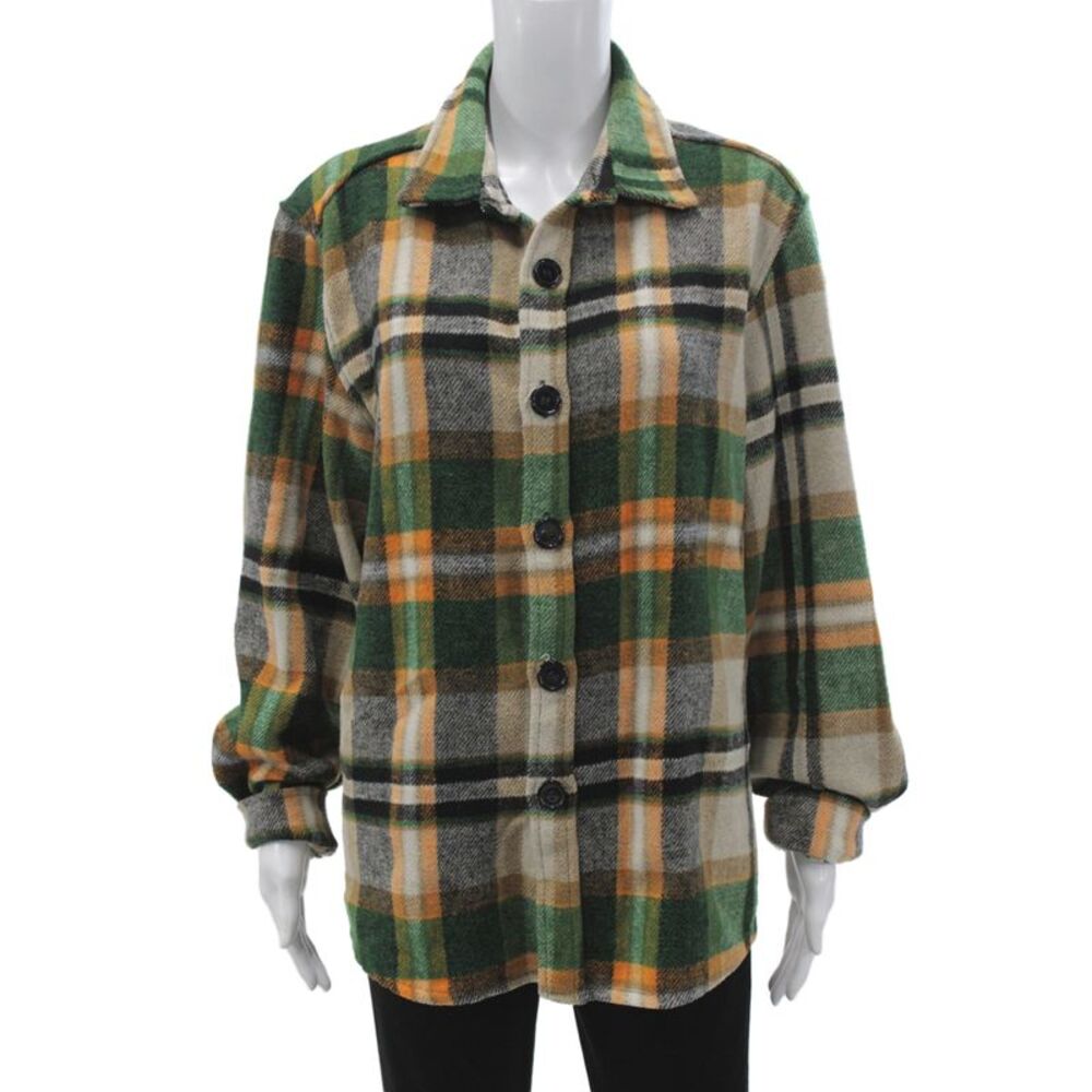 Giotto Milano Women Plaid Collared Button Up Coat Beige Long Sleeve Size L